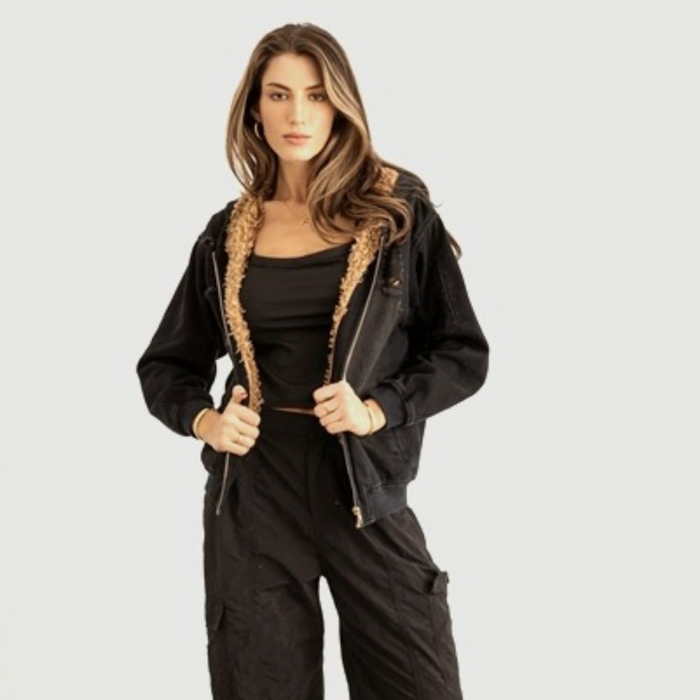 Black Denim Distressed Sherpa Lined Fur Zip-Up Hooded Jacket So Soft & Warm!